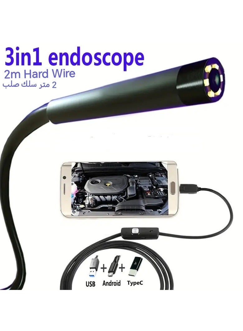 2m/0.2 inch hard wire sliding endoscope camera for pipe inspection 3 power sources either USB - Type C - Micro USB Note: This camera does not work on iOS iPhone devices only Android devices or laptops It is an industrial camera used in car or equipment maintenance workshops also to detect air conditioning leaks The advantage of the hard wire camera is that you can control the camera movement and deal flexibly with bends and change direction and ease of movement It is built-in with 6 LED lights and you can control the brightness of the light according to your need to take pictures or record videos clearly The endoscope camera is attached to a side mirror, a hook, a magnet and a holder - Image 5