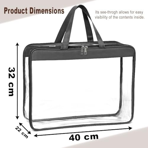FabPax Pack of 4 Clear Storage Bag for Clothes, Sarees, Bedsheets, Toys, Transparent Wardrobe Organizer, Multipurpose Storage Bag with Handle & Zipper (BLACK) (40x32x20 cm) - Image 2