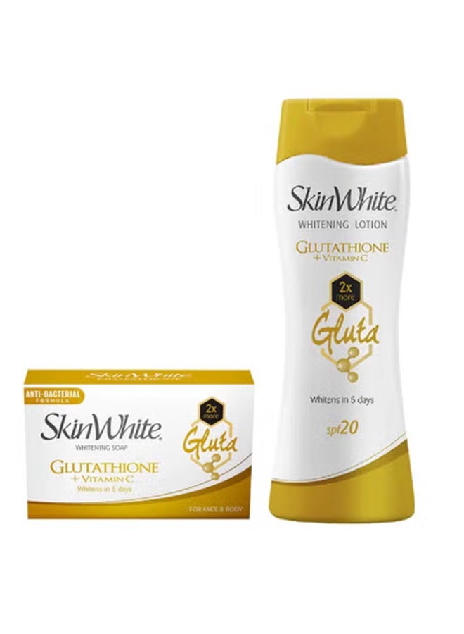 سكين وايت لوشن تبييض الجلوتاثيون + فيتامين سي بعامل 20 حماية من الشمس 100مل & صابون الجلوتاثيون + فيتامين سي 90 جرام