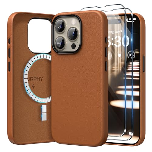 SURPHY Designed for iPhone 15 Pro Leather Case with Screen Protector Compatible with MagSafe, Faux Leather Case (Metallic Buttons & Microfiber Lining) for 15 Pro 6.1 inch 2023, Brown - Image 1