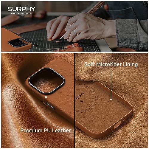 SURPHY Designed for iPhone 15 Pro Leather Case with Screen Protector Compatible with MagSafe, Faux Leather Case (Metallic Buttons & Microfiber Lining) for 15 Pro 6.1 inch 2023, Brown - Image 5