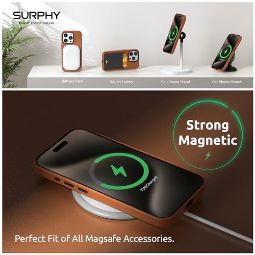SURPHY Designed for iPhone 15 Pro Leather Case with Screen Protector Compatible with MagSafe, Faux Leather Case (Metallic Buttons & Microfiber Lining) for 15 Pro 6.1 inch 2023, Brown - Image 3