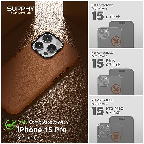 SURPHY Designed for iPhone 15 Pro Leather Case with Screen Protector Compatible with MagSafe, Faux Leather Case (Metallic Buttons & Microfiber Lining) for 15 Pro 6.1 inch 2023, Brown - Image 2