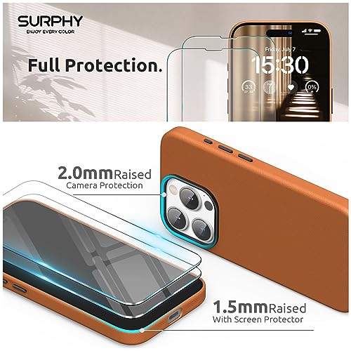 SURPHY Designed for iPhone 15 Pro Leather Case with Screen Protector Compatible with MagSafe, Faux Leather Case (Metallic Buttons & Microfiber Lining) for 15 Pro 6.1 inch 2023, Brown - Image 4