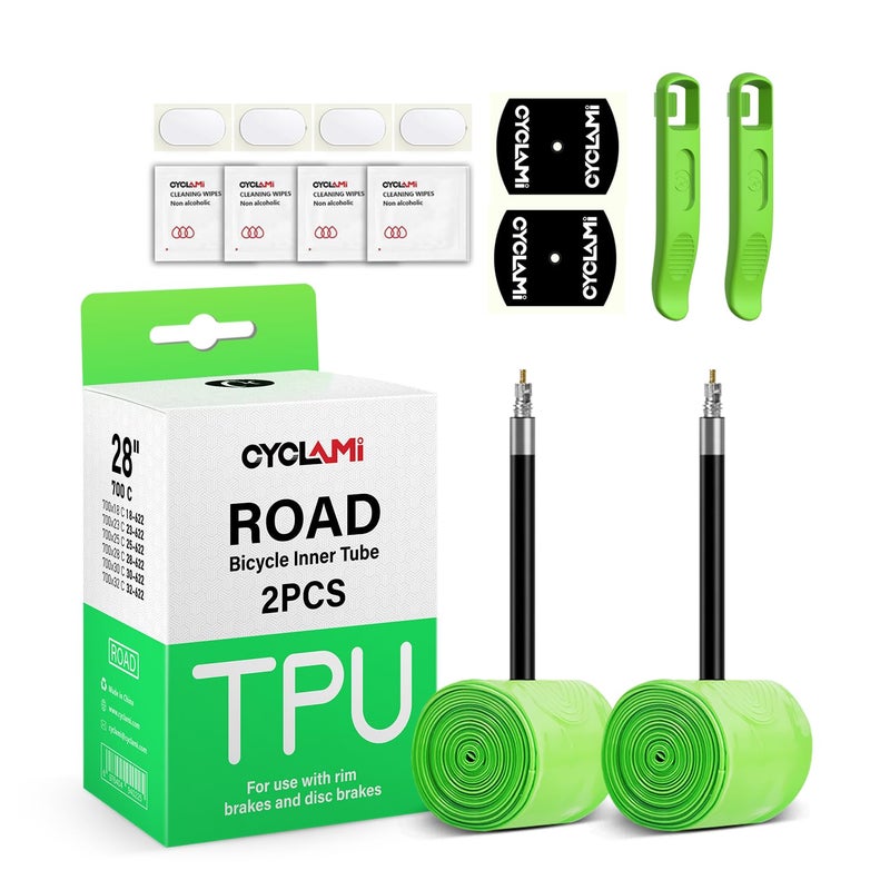 CYCLAMI 2-Pack 700C Bike Inner Tube Ultralight 30g TPU Road Bicycle Tire 28'' 700 x 18 23 25 28 30 32C Presta Valve Length FV 2.56''/65mm for Adult (4 Bike Tube Patch Repair Kit ï¼† 2 Tire Levers) - Image 1