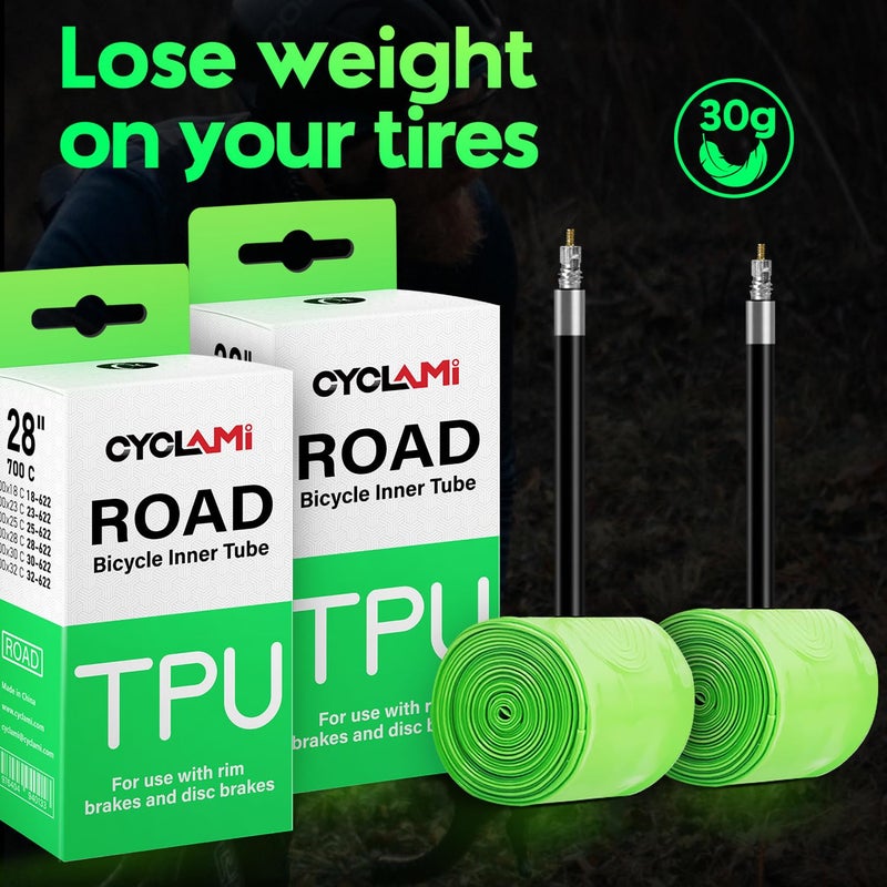CYCLAMI 2-Pack 700C Bike Inner Tube Ultralight 30g TPU Road Bicycle Tire 28'' 700 x 18 23 25 28 30 32C Presta Valve Length FV 2.56''/65mm for Adult (4 Bike Tube Patch Repair Kit ï¼† 2 Tire Levers) - Image 5