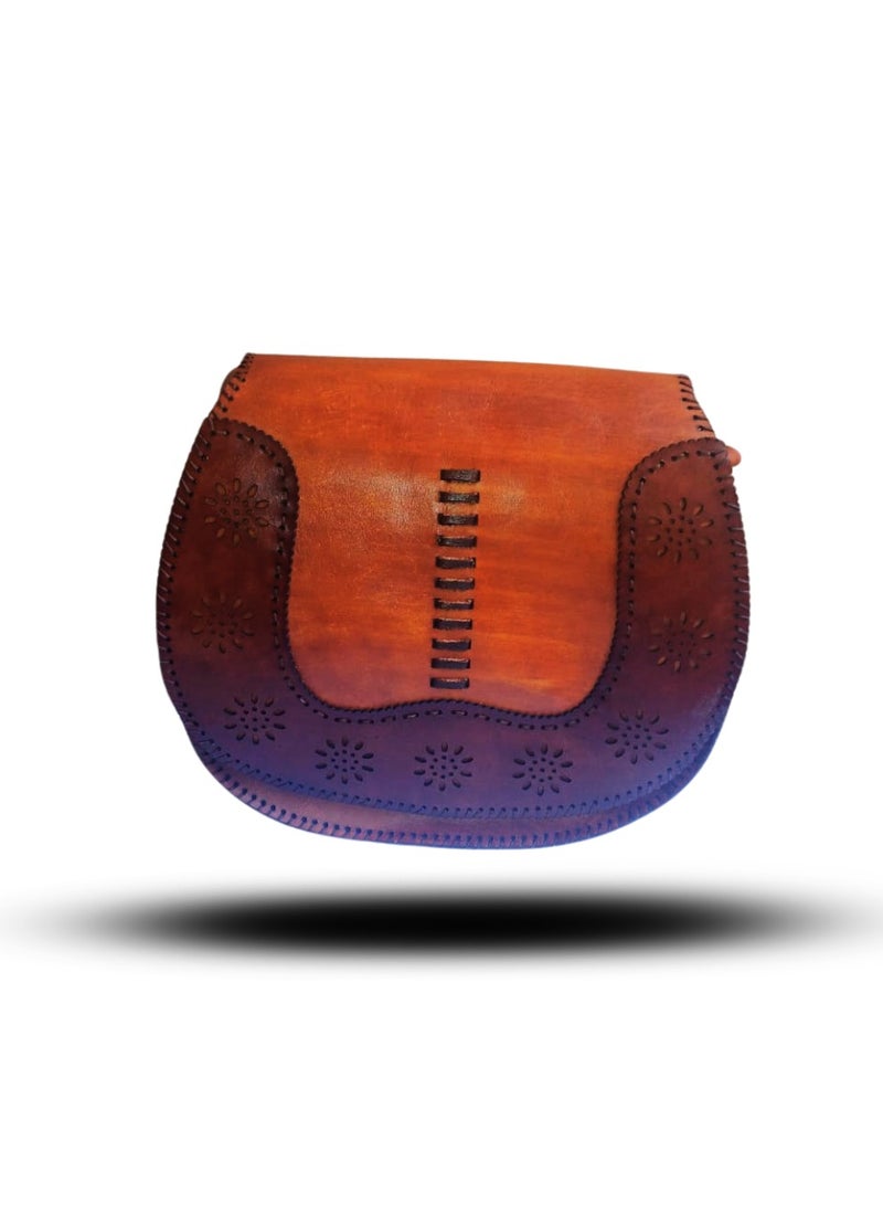 A handcrafted natural leather bag with a long handle, featuring Islamic designs and natural dyes in natural plant colors, Havana color.