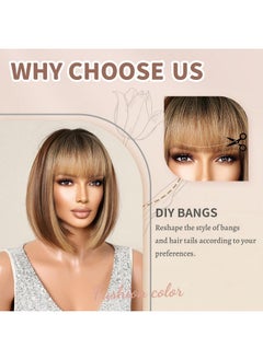 NAYOO Brown Mix Blonde Wig With Bangs, 12 Inch Highlight Blonde Brown Bob Wig For Women, Natural Looking Short Bob Wig With Bangs, Straight Wig For Beginner, Cosplay Wig For Daily And Halloween  - Image 5
