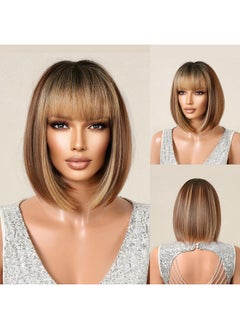 NAYOO Brown Mix Blonde Wig With Bangs, 12 Inch Highlight Blonde Brown Bob Wig For Women, Natural Looking Short Bob Wig With Bangs, Straight Wig For Beginner, Cosplay Wig For Daily And Halloween  - Image 2