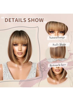 NAYOO Brown Mix Blonde Wig With Bangs, 12 Inch Highlight Blonde Brown Bob Wig For Women, Natural Looking Short Bob Wig With Bangs, Straight Wig For Beginner, Cosplay Wig For Daily And Halloween  - Image 4