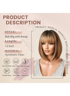 NAYOO Brown Mix Blonde Wig With Bangs, 12 Inch Highlight Blonde Brown Bob Wig For Women, Natural Looking Short Bob Wig With Bangs, Straight Wig For Beginner, Cosplay Wig For Daily And Halloween  - Image 3