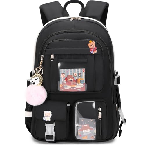 MTRoyaldia Kawaii Laptop 16 Inch Backpack with Kawaii Pin Accessories, Large Capacity Cute Accessories Backpack Multi Pocket Kawaii Bookbags Japanese School Bag For Teen Girls Students (Black) - Image 1