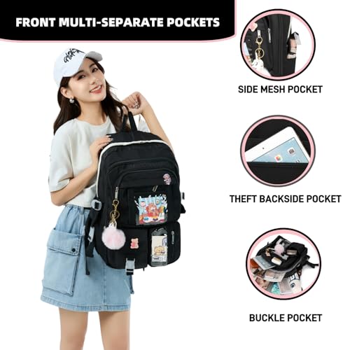 MTRoyaldia Kawaii Laptop 16 Inch Backpack with Kawaii Pin Accessories, Large Capacity Cute Accessories Backpack Multi Pocket Kawaii Bookbags Japanese School Bag For Teen Girls Students (Black) - Image 2