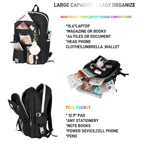 MTRoyaldia Kawaii Laptop 16 Inch Backpack with Kawaii Pin Accessories, Large Capacity Cute Accessories Backpack Multi Pocket Kawaii Bookbags Japanese School Bag For Teen Girls Students (Black) - Image 5