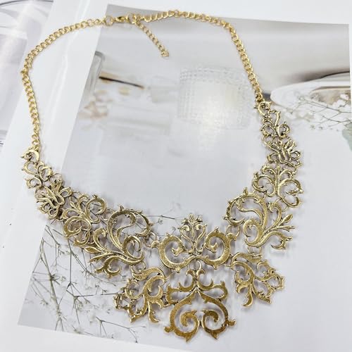 Cykdohy Vintage Hollow Filigree Floral Exaggerated Choker Statement Retro Necklace for Women Men Short Chunky Ethnic Ancient Gold Silver Carved Lace Pendant Collar Bib Clavicle Chain Gypsy Tribal Jewelry (Ancient Gold) - Image 4