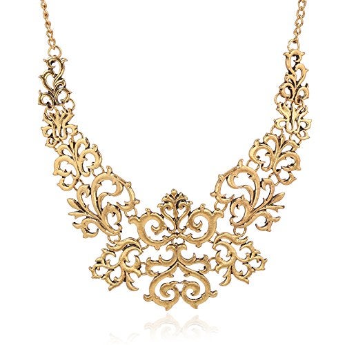 Cykdohy Vintage Hollow Filigree Floral Exaggerated Choker Statement Retro Necklace for Women Men Short Chunky Ethnic Ancient Gold Silver Carved Lace Pendant Collar Bib Clavicle Chain Gypsy Tribal Jewelry (Ancient Gold) - Image 1