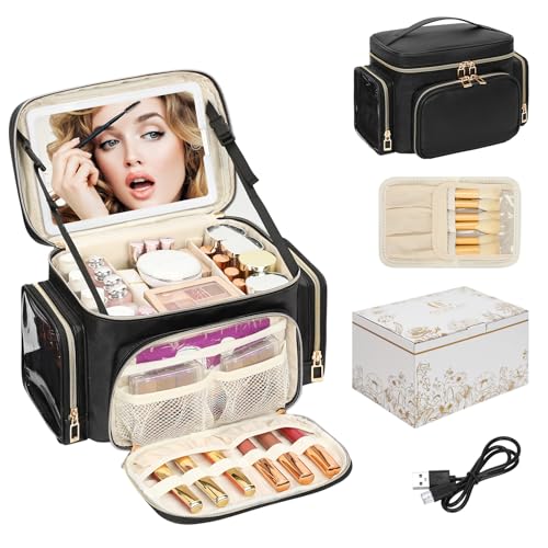 Bagmoly Large Makeup Bag with LED Mirror, Travel Makeup Bag Organizer for Women Girls with Makeup Brush Compartment & Two Side Pockets, 3 Color Lights Cosmetic Toiletry Bag- Leather Black - Image 1