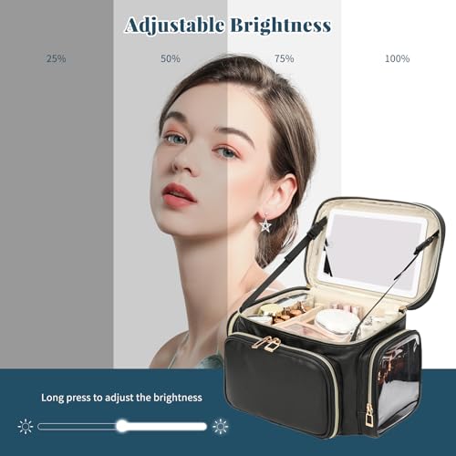 Bagmoly Large Makeup Bag with LED Mirror, Travel Makeup Bag Organizer for Women Girls with Makeup Brush Compartment & Two Side Pockets, 3 Color Lights Cosmetic Toiletry Bag- Leather Black - Image 4
