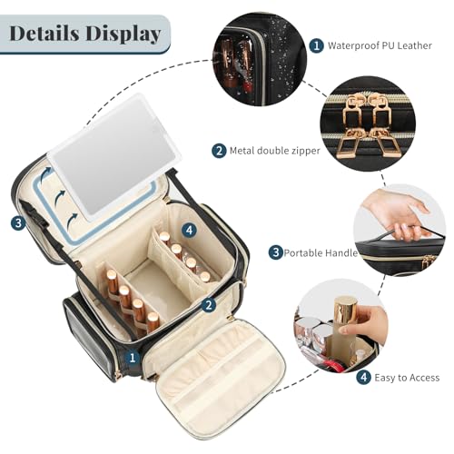 Bagmoly Large Makeup Bag with LED Mirror, Travel Makeup Bag Organizer for Women Girls with Makeup Brush Compartment & Two Side Pockets, 3 Color Lights Cosmetic Toiletry Bag- Leather Black - Image 2
