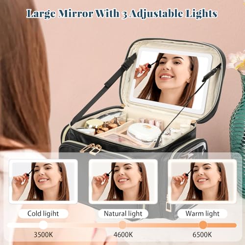 Bagmoly Large Makeup Bag with LED Mirror, Travel Makeup Bag Organizer for Women Girls with Makeup Brush Compartment & Two Side Pockets, 3 Color Lights Cosmetic Toiletry Bag- Leather Black - Image 3