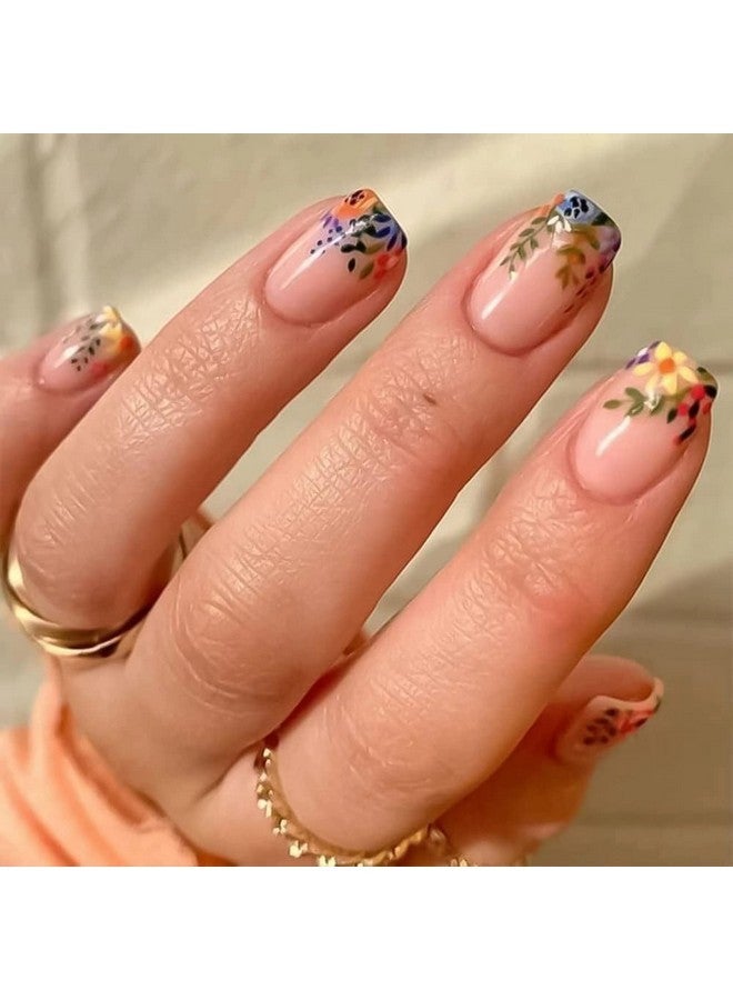 MISUD Short Square Press On Nails Spring Squoval Fake Nails Glossy Glue On Nails Summer Floral Cute Artificial Acrylic Nails Flower Stick On False Nails With Design 24 Pcs - Image 1