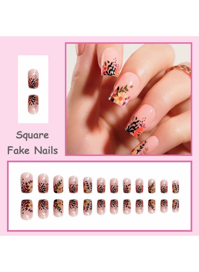 MISUD Short Square Press On Nails Spring Squoval Fake Nails Glossy Glue On Nails Summer Floral Cute Artificial Acrylic Nails Flower Stick On False Nails With Design 24 Pcs - Image 5