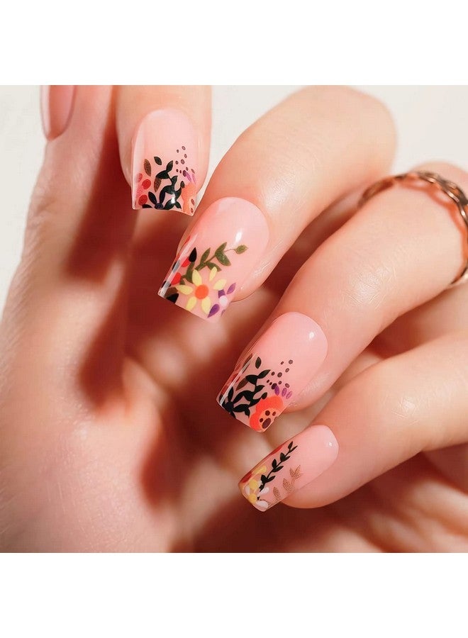 MISUD Short Square Press On Nails Spring Squoval Fake Nails Glossy Glue On Nails Summer Floral Cute Artificial Acrylic Nails Flower Stick On False Nails With Design 24 Pcs - Image 4