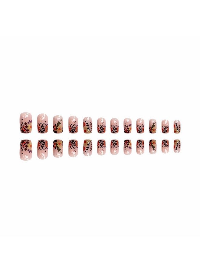 MISUD Short Square Press On Nails Spring Squoval Fake Nails Glossy Glue On Nails Summer Floral Cute Artificial Acrylic Nails Flower Stick On False Nails With Design 24 Pcs - Image 3