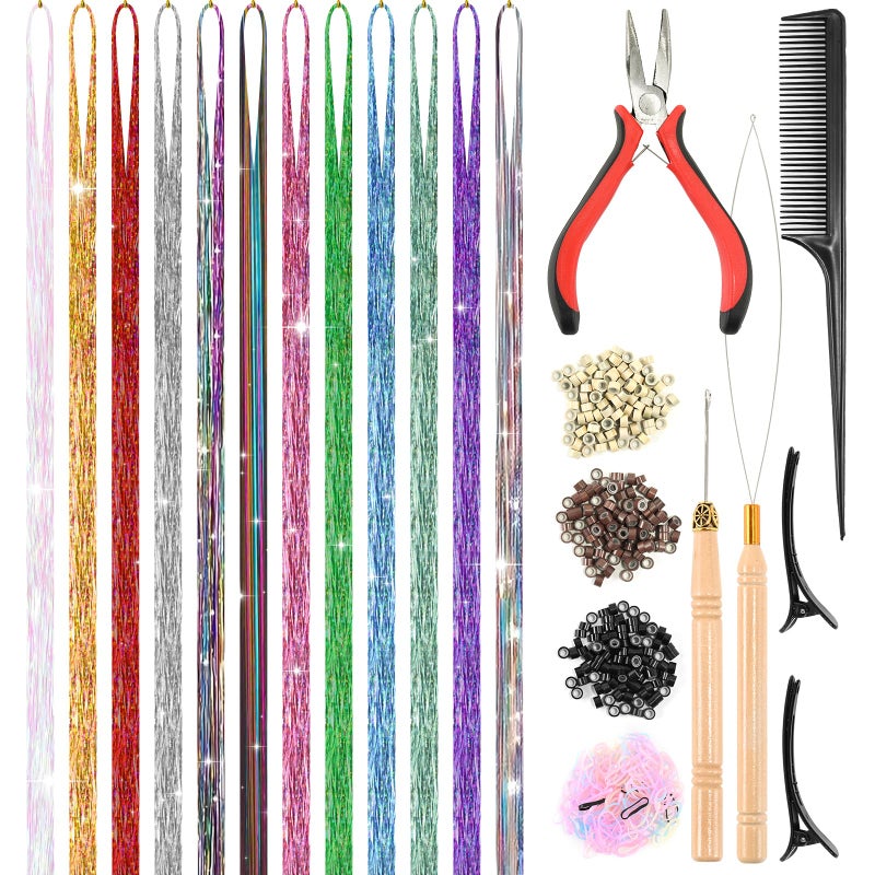 Leuceiy 12 Colors Hair Tinsel Kit, 48 Inch Hair Extensions With Tool, 3600 Strands Sparkling Dazzle Glitter Shiny Fairy Hair Heat Resistant for Girls Women Christmas New Year Festival Party - Image 1