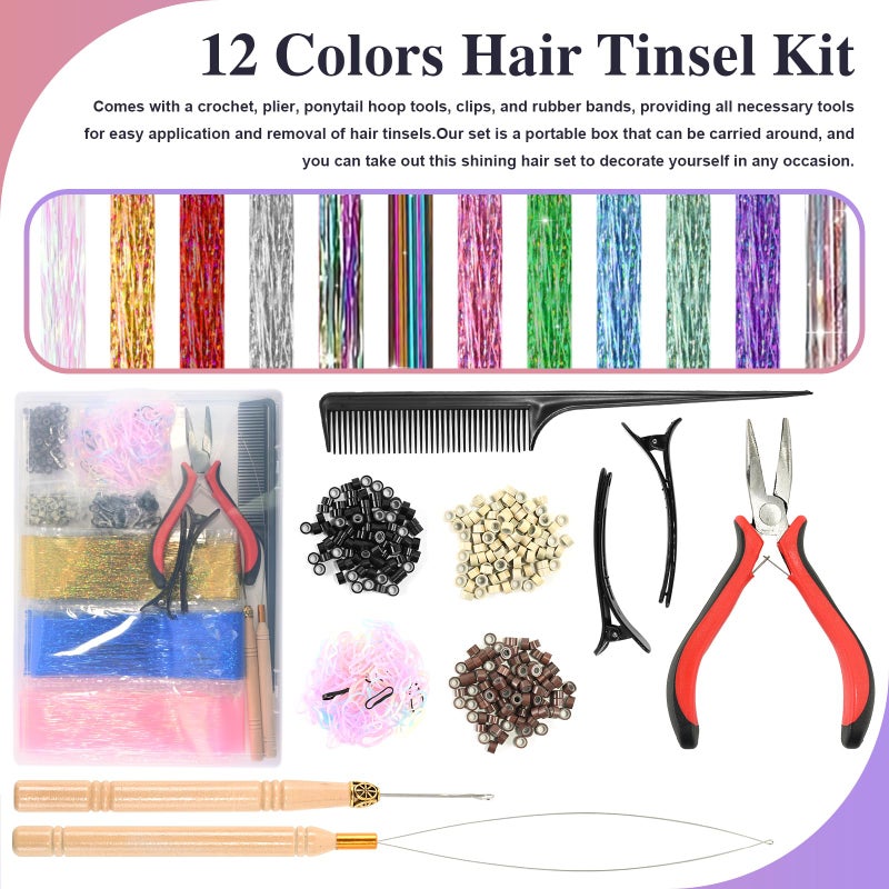 Leuceiy 12 Colors Hair Tinsel Kit, 48 Inch Hair Extensions With Tool, 3600 Strands Sparkling Dazzle Glitter Shiny Fairy Hair Heat Resistant for Girls Women Christmas New Year Festival Party - Image 2