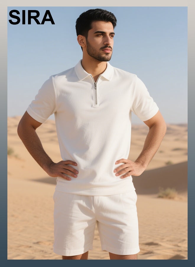 SIRA Men's Casual Lounge Set - 2-Piece Combo (Zip-Neck Polo Shirt + Drawstring Shorts) | Soft & Breathable Fabric for Home, Travel, Outdoor | Comfortable, Stylish, Durable | Perfect for Students, Professionals, Camping（White） - Image 4