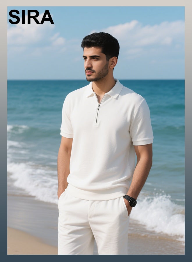 SIRA Men's Casual Lounge Set - 2-Piece Combo (Zip-Neck Polo Shirt + Drawstring Shorts) | Soft & Breathable Fabric for Home, Travel, Outdoor | Comfortable, Stylish, Durable | Perfect for Students, Professionals, Camping（White） - Image 1