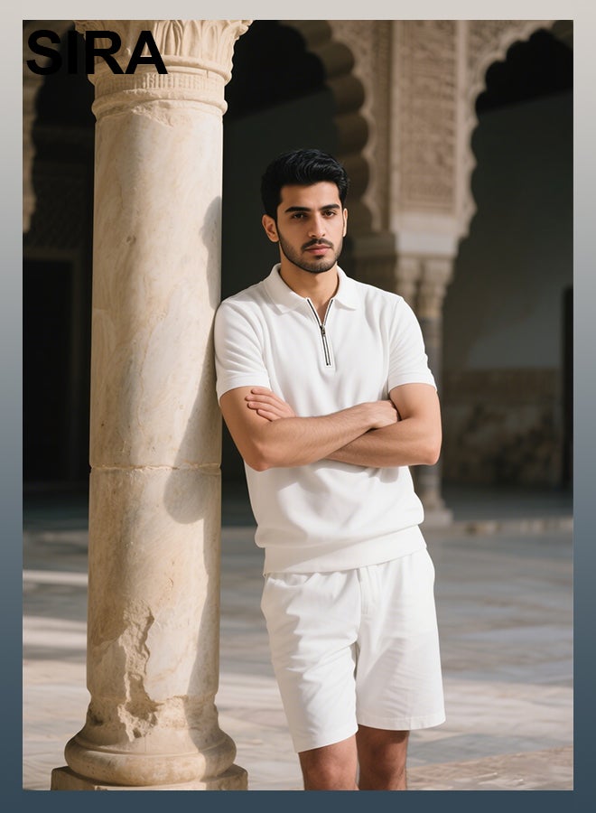 SIRA Men's Casual Lounge Set - 2-Piece Combo (Zip-Neck Polo Shirt + Drawstring Shorts) | Soft & Breathable Fabric for Home, Travel, Outdoor | Comfortable, Stylish, Durable | Perfect for Students, Professionals, Camping（White） - Image 2