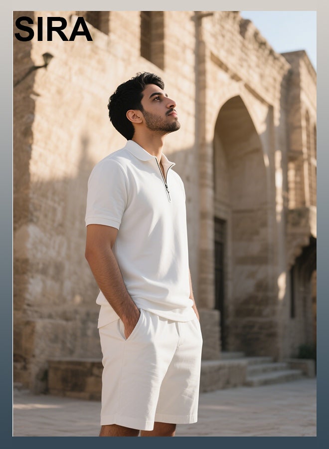 SIRA Men's Casual Lounge Set - 2-Piece Combo (Zip-Neck Polo Shirt + Drawstring Shorts) | Soft & Breathable Fabric for Home, Travel, Outdoor | Comfortable, Stylish, Durable | Perfect for Students, Professionals, Camping（White） - Image 3