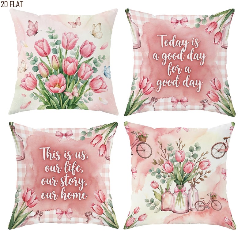 4 Pcs 17.72x17.72 Inch Spring Floral Bohemian Tulip Throw Pillow Covers Pink Green Pastel One Sided Printing Decor - Image 1