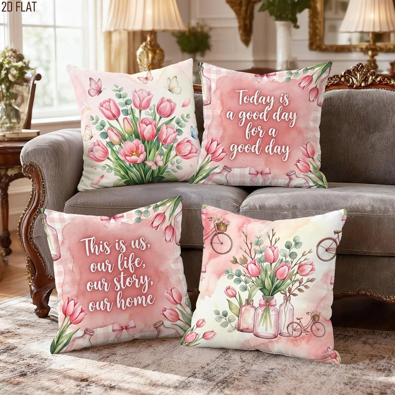 4 Pcs 17.72x17.72 Inch Spring Floral Bohemian Tulip Throw Pillow Covers Pink Green Pastel One Sided Printing Decor - Image 4