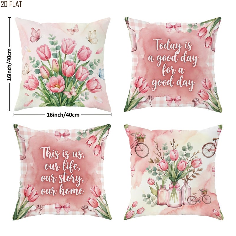 4 Pcs 17.72x17.72 Inch Spring Floral Bohemian Tulip Throw Pillow Covers Pink Green Pastel One Sided Printing Decor - Image 5