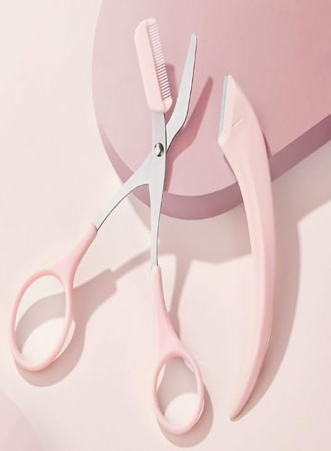 Pink Eyebrow Trimming Scissors with Built-in Comb, Stainless Steel Precision Grooming Tool - Image 1
