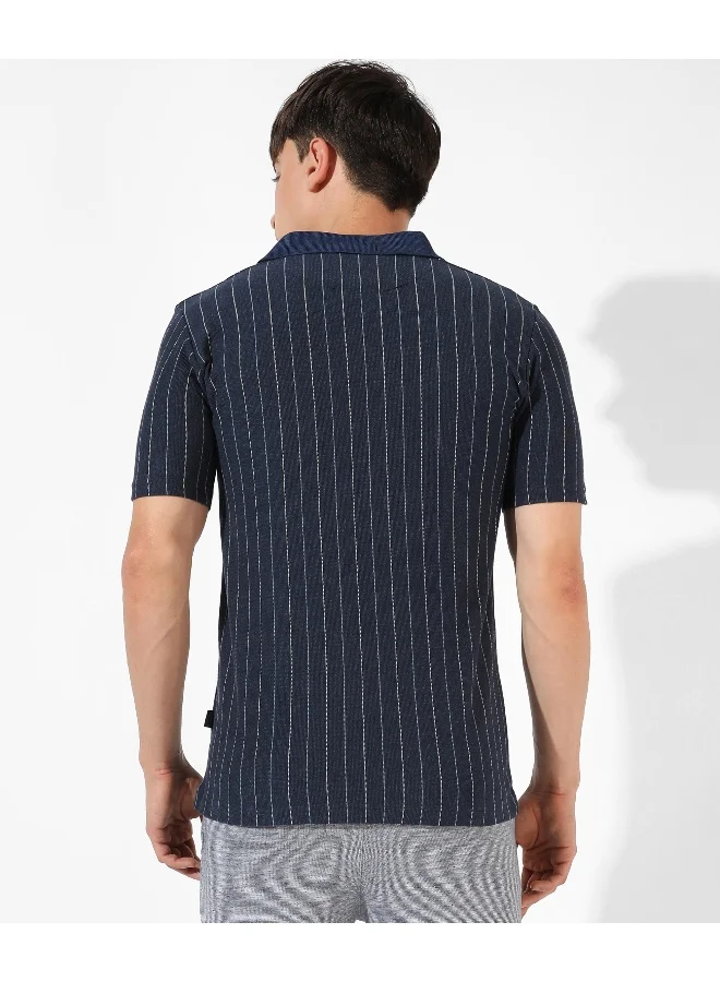 Campus Sutra Men's Navy Blue Striped Regular Fit Casual T-Shirt