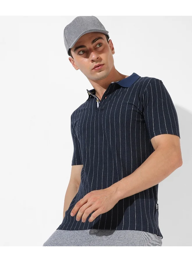 Campus Sutra Men's Navy Blue Striped Regular Fit Casual T-Shirt