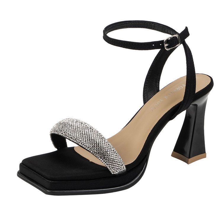 2024 Square Toe Sandals With Thick Heel Women'S Waterproof Platform Rhinestone Side Air French High Heels - Image 1