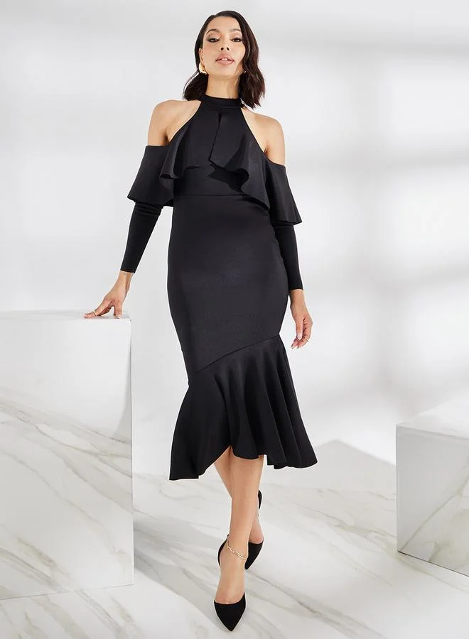 Styli Cold Shoulder Sleeve Ruffled Bodycon Midi Dress