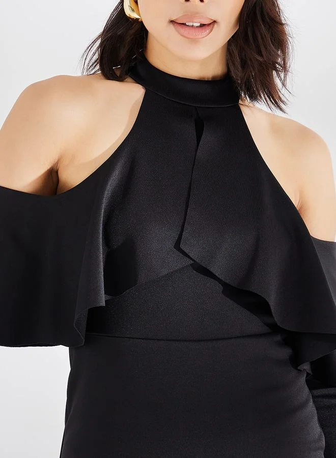 Styli Cold Shoulder Sleeve Ruffled Bodycon Midi Dress
