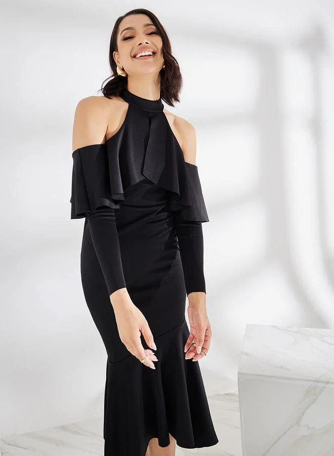 Styli Cold Shoulder Sleeve Ruffled Bodycon Midi Dress
