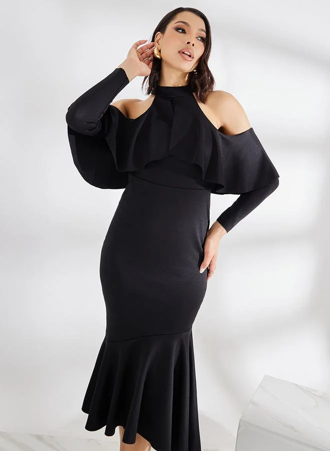 Styli Cold Shoulder Sleeve Ruffled Bodycon Midi Dress