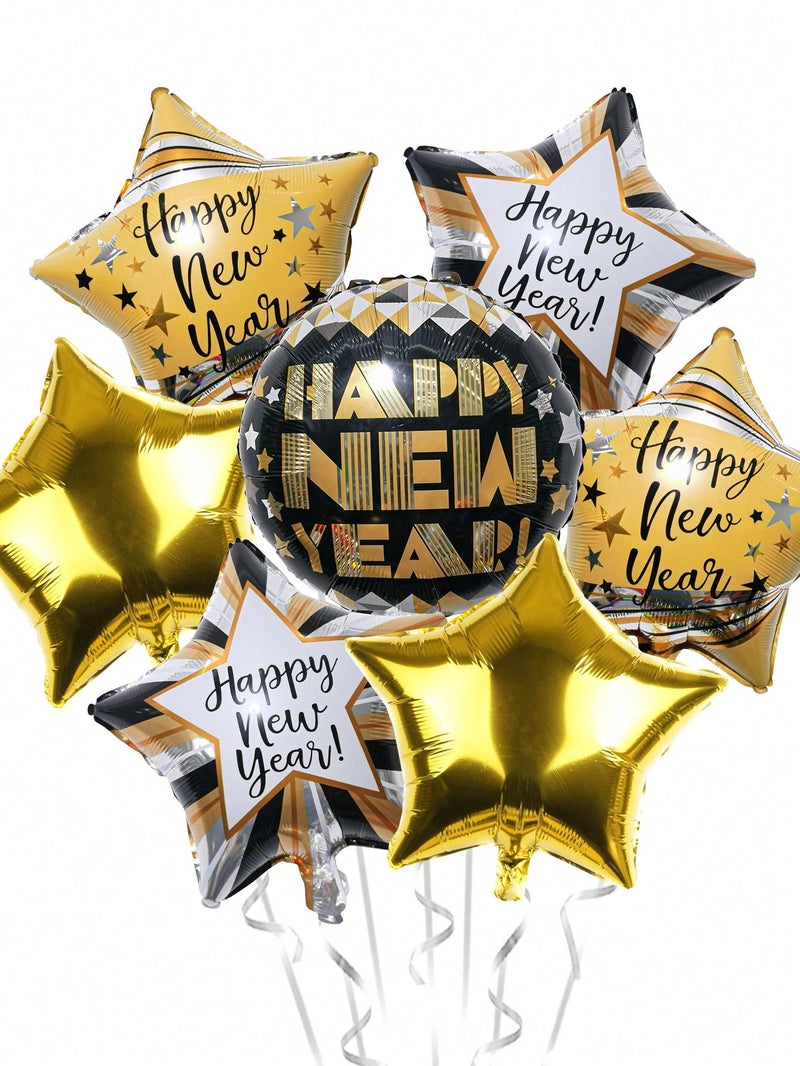 New Year Party Balloons Set 7Pcs Gold Star & Happy New Year Letter Design – Perfect for New Year Celebration Decor- New Year 2026 - Image 1
