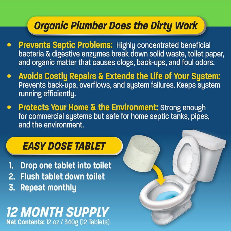 Organic Plumber منظف خزان الصرف الصحي العضوي للسباك، علاج، بكتيريا × إنزيم طبيعي، أقراص حيوية قابلة للتدفق، يزيل نفايات الصرف الصحي وينظف نظام الحقول، 1 سنة من الأقراص - Image 4
