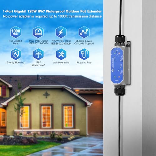 MokerLink IP67 Outdoor 2 Port Gigabit PoE Extender, IEEE 802.3 af/at/bt PoE Repeater 90W, 10/100/1000Mbps, 1 PoE in 1 PoE Out, Wall Mount Metal Waterproof POE Passthrough Switch - Image 2