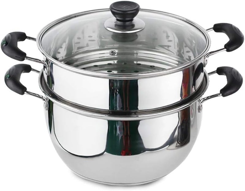 XIGSTA Stainless Steel 2 Tier Steamer Steamer Basket Vegetable Steamer Steamer Pot Basket for Cooking MomoModakidlidhoklaRice Cooker Maker with Glass Lid Riveted Handles - Image 1