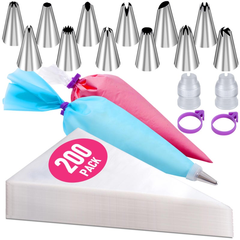 Wddeevoi 200Pcs Piping Bags and Tips Set, 12 Inch Pastry Bags, Cakes Decorating Kit Supplies, Icing Bags Disposable with 1 Reusable Piping Bags, 12 Frosting Tips, 2 Couplers, 2 Bag Ties - Image 1